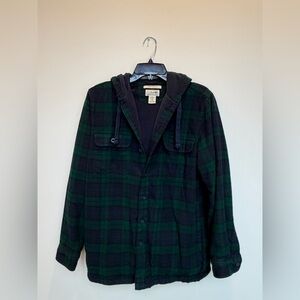 L.L. Bean Navy and Green Plaid Fleece Lined Hooded Jacket Button Front Small
